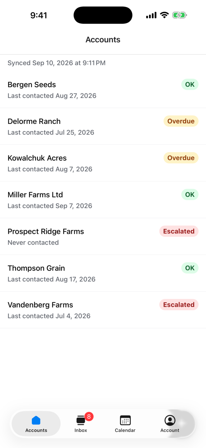 The accounts list, showing each farm with its last contact date and a status badge