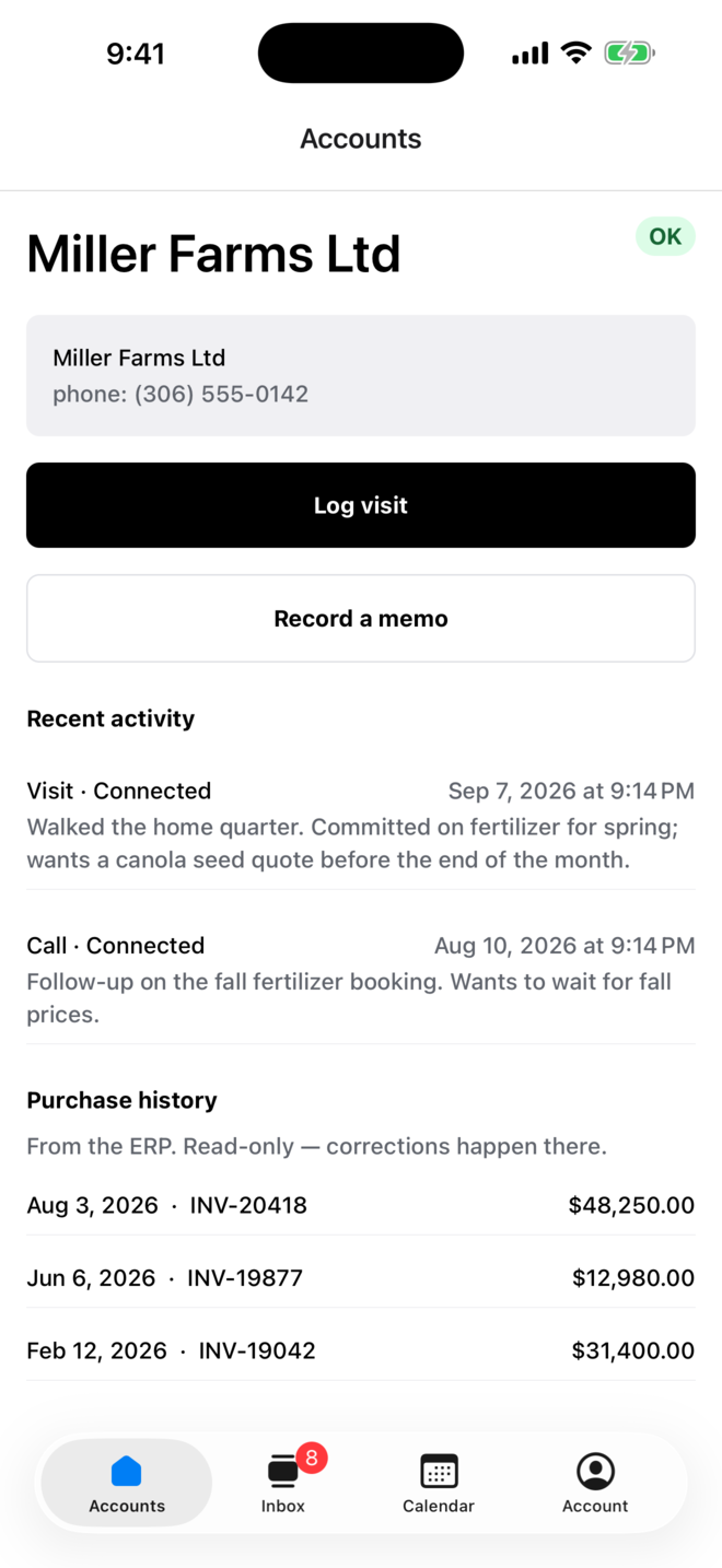 An account page showing recent contact notes and purchase history from the ERP